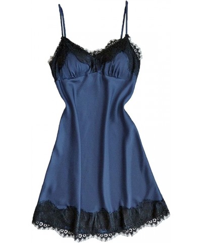 Women's Lace Suspender Nightdress Sexy V-Neck Spaghetti Straps Pajamas Temptation Satin Soft Thin Babydoll Nightgown Blue $3....