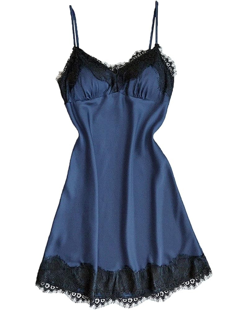 Women's Lace Suspender Nightdress Sexy V-Neck Spaghetti Straps Pajamas Temptation Satin Soft Thin Babydoll Nightgown Blue $3....