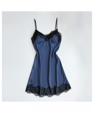 Women's Lace Suspender Nightdress Sexy V-Neck Spaghetti Straps Pajamas Temptation Satin Soft Thin Babydoll Nightgown Blue $3....