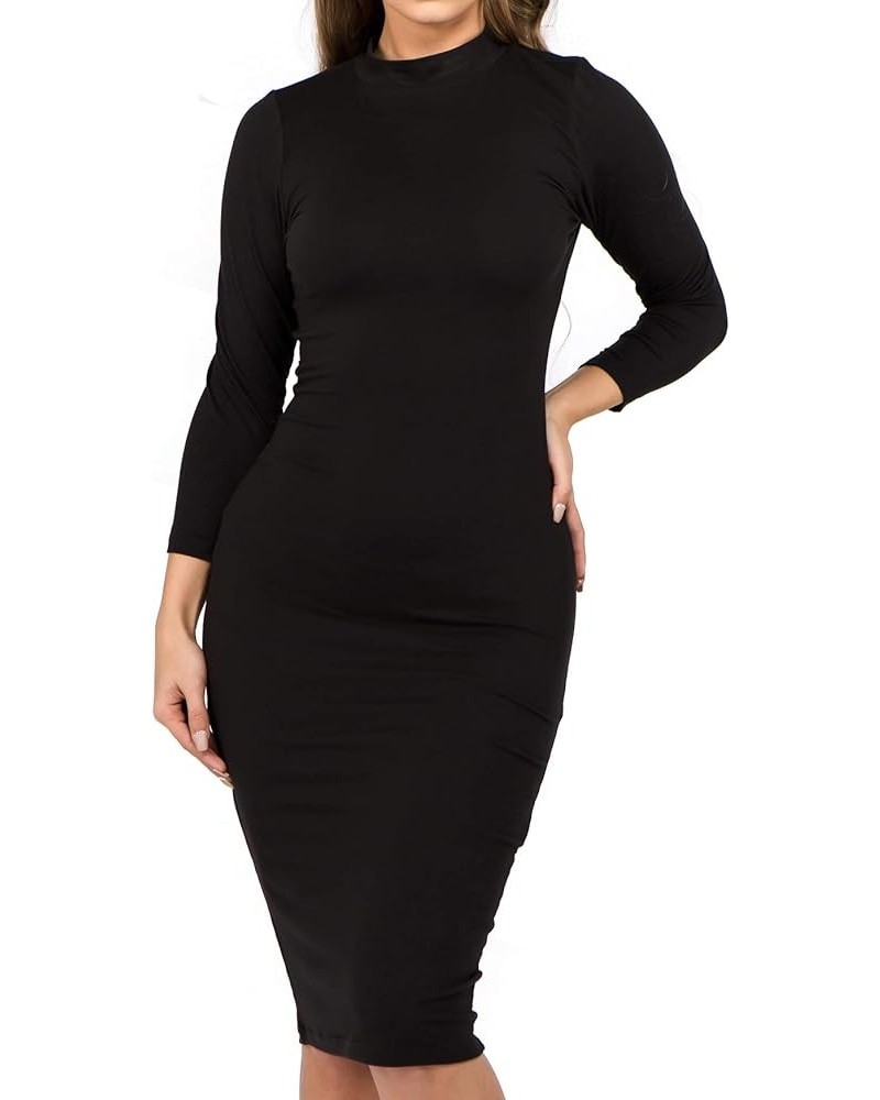 Women's 3/4 Sleeves Mock Neck Bodycon Midi Dresses Black $14.29 Dresses