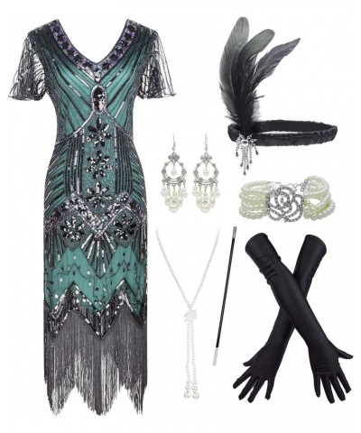 Women's 1920s Gatsby Party Dress Vintage Sequin with 20s Accessories Set Black&green $29.46 Sets