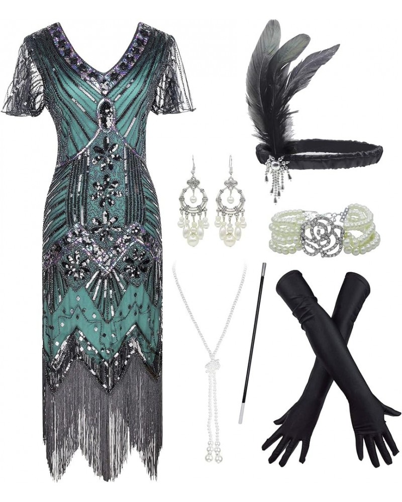 Women's 1920s Gatsby Party Dress Vintage Sequin with 20s Accessories Set Black&green $29.46 Sets