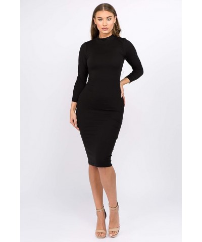 Women's 3/4 Sleeves Mock Neck Bodycon Midi Dresses Black $14.29 Dresses