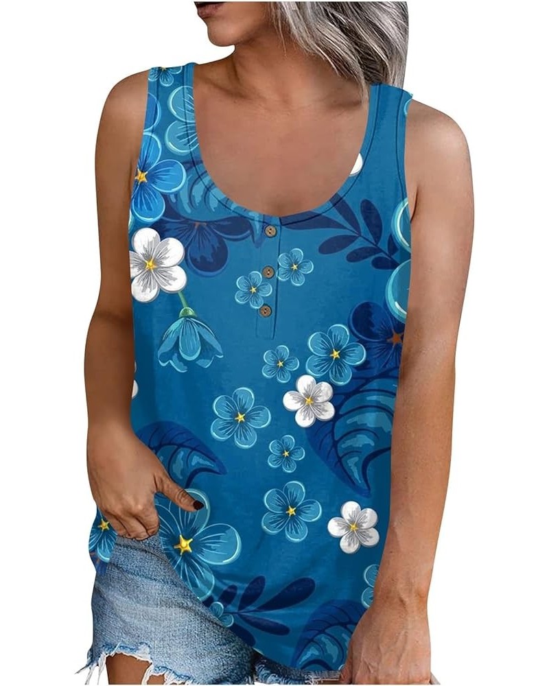 Womens 2023 Trendy Floral Tank Tops Summer Casual Sleeveless Basic Cami Top Half Button Down Blouses Henley Shirts 4-royal Bl...