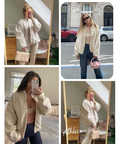 Womens Oversized Wool Blend Bomber Jacket Casual Button Down Varsity Jacket with Pockets Beige $10.63 Jackets