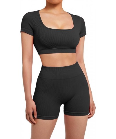 Open Back Short Sleeve Scrunch Butt Booty Shorts Seamless Ribbed Workout Sets 2 Piece Outfits Short 1 Black $16.40 Activewear