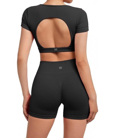 Open Back Short Sleeve Scrunch Butt Booty Shorts Seamless Ribbed Workout Sets 2 Piece Outfits Short 1 Black $16.40 Activewear