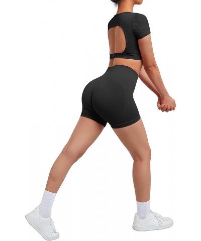 Open Back Short Sleeve Scrunch Butt Booty Shorts Seamless Ribbed Workout Sets 2 Piece Outfits Short 1 Black $16.40 Activewear