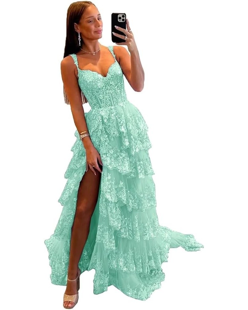 Tiered Lace Prom Dresses with Slit Long Spaghetti Straps Sparkly Corset Formal Evening Gown Mint $38.85 Dresses