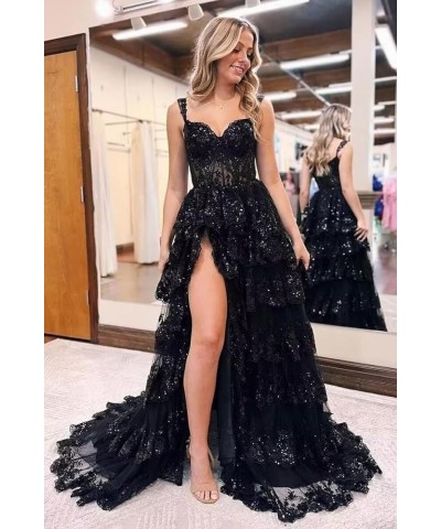 Tiered Lace Prom Dresses with Slit Long Spaghetti Straps Sparkly Corset Formal Evening Gown Mint $38.85 Dresses