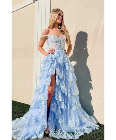 Tiered Lace Prom Dresses with Slit Long Spaghetti Straps Sparkly Corset Formal Evening Gown Mint $38.85 Dresses