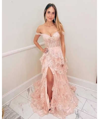 Tiered Lace Prom Dresses with Slit Long Spaghetti Straps Sparkly Corset Formal Evening Gown Mint $38.85 Dresses