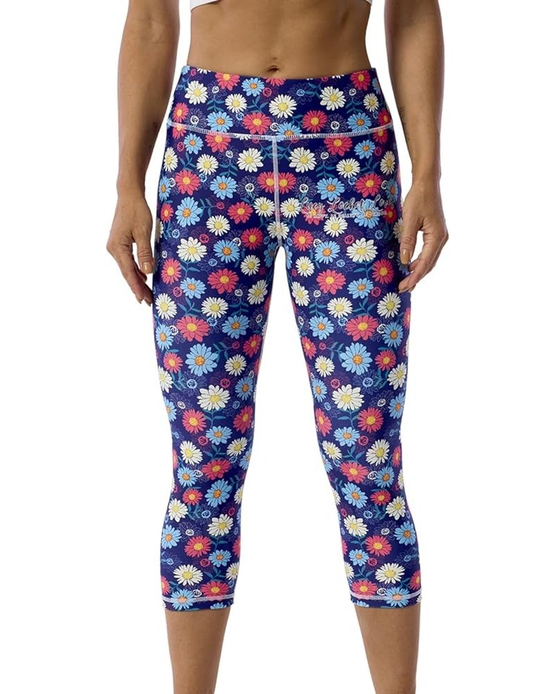 Pattern Printed Capri Leggings with Pockets for Women Tummy Control Workout Yoga Capris Colourful Daisies $10.71 Leggings