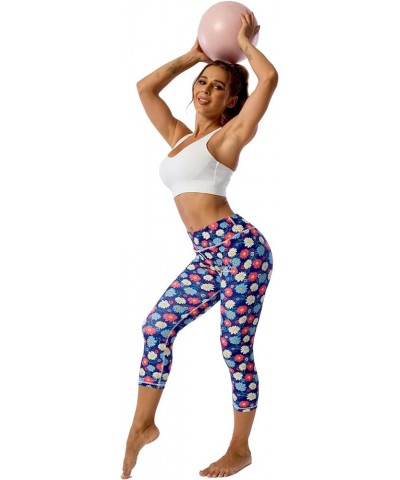 Pattern Printed Capri Leggings with Pockets for Women Tummy Control Workout Yoga Capris Colourful Daisies $10.71 Leggings