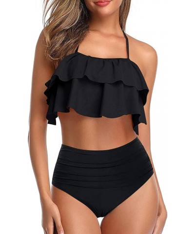 Women Two Piece Swimsuits High Waisted Bikini Teen Ruffle Tummy Control Bottoms Halter Bathing Suits Black $19.37 Swimsuits