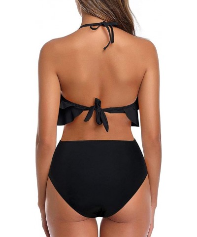 Women Two Piece Swimsuits High Waisted Bikini Teen Ruffle Tummy Control Bottoms Halter Bathing Suits Black $19.37 Swimsuits