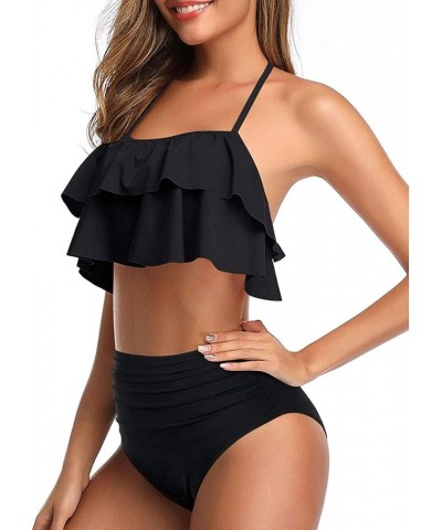 Women Two Piece Swimsuits High Waisted Bikini Teen Ruffle Tummy Control Bottoms Halter Bathing Suits Black $19.37 Swimsuits