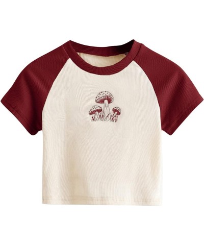 Women's Graphic Print Round Neck T Shirt Short Sleeve Crop Tee Tops Mushroom Beige Burgundy $14.69 T-Shirts