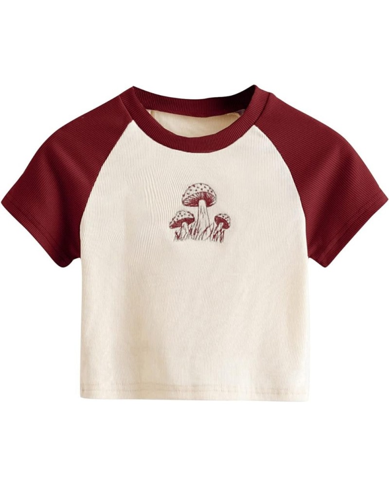 Women's Graphic Print Round Neck T Shirt Short Sleeve Crop Tee Tops Mushroom Beige Burgundy $14.69 T-Shirts