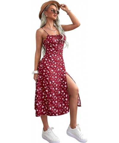 Women's Tie Front Ruched Floral Print Sleeveless Split Midi Cami Dress Burgundy $16.19 Dresses