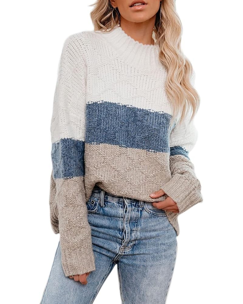 Women’s Casual Sweater Pullover Winter Cozy Long Sleeve Turtleneck Jumpers Color Block Knit Pullover Top Loose Fit A-beige $2...