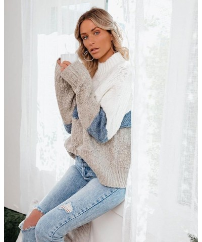 Women’s Casual Sweater Pullover Winter Cozy Long Sleeve Turtleneck Jumpers Color Block Knit Pullover Top Loose Fit A-beige $2...