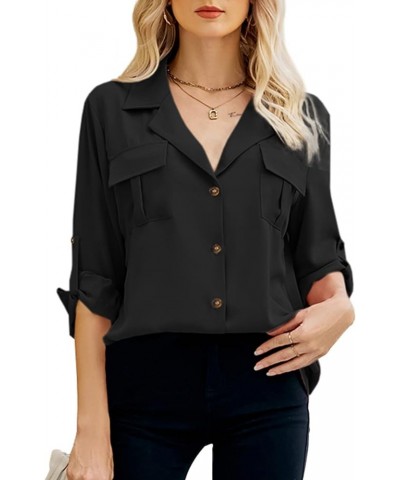 Womens Button Down Shirts V Neck Roll Up Cuffed Long Sleeve Blouse Casual Work Tops with Pockets Black $18.19 Blouses