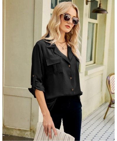 Womens Button Down Shirts V Neck Roll Up Cuffed Long Sleeve Blouse Casual Work Tops with Pockets Black $18.19 Blouses