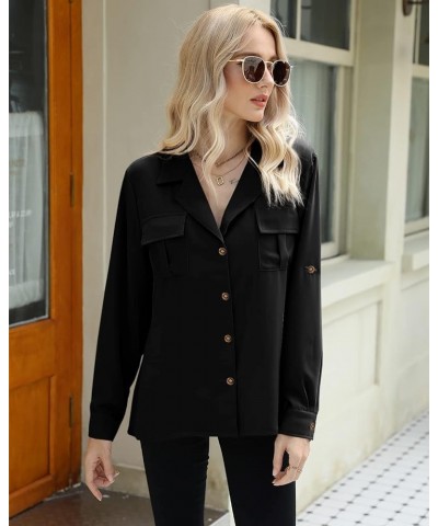 Womens Button Down Shirts V Neck Roll Up Cuffed Long Sleeve Blouse Casual Work Tops with Pockets Black $18.19 Blouses