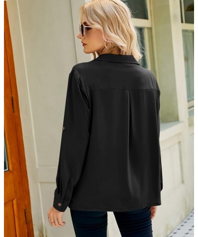 Womens Button Down Shirts V Neck Roll Up Cuffed Long Sleeve Blouse Casual Work Tops with Pockets Black $18.19 Blouses