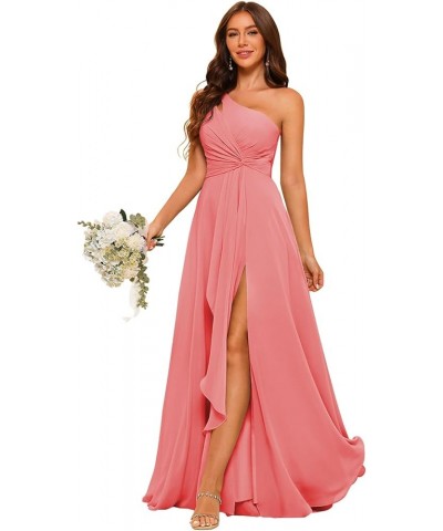 Chiffon One Shoulder Bridesmaid Dress with Pleated Bodice Long A Line Prom Dress for Women RS028 Coral $36.57 Dresses