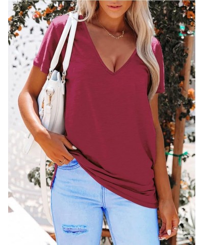 Women's Deep V Neck Tops Casual Low Cut Short Sleeve Shirts Wine Red $16.23 Tops