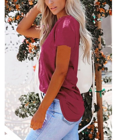 Women's Deep V Neck Tops Casual Low Cut Short Sleeve Shirts Wine Red $16.23 Tops