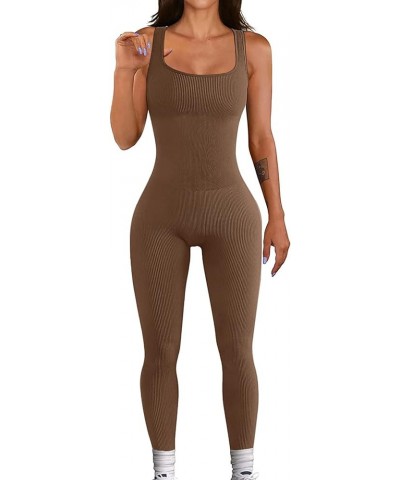 Womens Sexy Bodycon Sleeveless Jumpsuit Tank Tops High Waist Long Pants Yoga Ribbed Romper Clubwear Brown $12.32 Jumpsuits