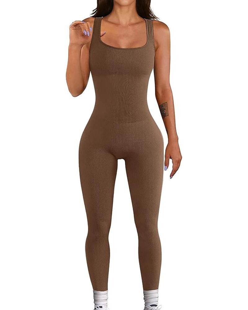 Womens Sexy Bodycon Sleeveless Jumpsuit Tank Tops High Waist Long Pants Yoga Ribbed Romper Clubwear Brown $12.32 Jumpsuits