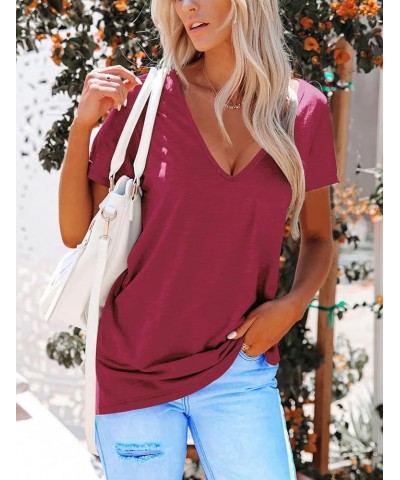 Women's Deep V Neck Tops Casual Low Cut Short Sleeve Shirts Wine Red $16.23 Tops