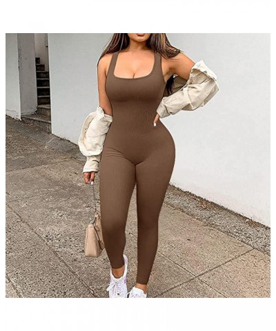 Womens Sexy Bodycon Sleeveless Jumpsuit Tank Tops High Waist Long Pants Yoga Ribbed Romper Clubwear Brown $12.32 Jumpsuits