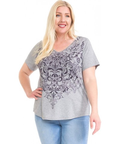 Women Short Sleeve Print Top (Small-5X) Violet Floral / Lt. Heather Grey $8.69 Others