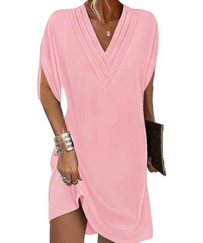 V-neck Bat Sleeve Dress Elegant Loose Fit Women V Neck Pleated Half Solid Color Soft Breathable Commute Above Knee Pink $10.4...