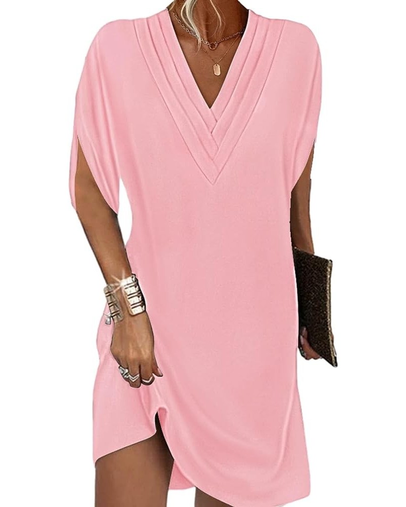 V-neck Bat Sleeve Dress Elegant Loose Fit Women V Neck Pleated Half Solid Color Soft Breathable Commute Above Knee Pink $10.4...