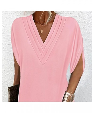 V-neck Bat Sleeve Dress Elegant Loose Fit Women V Neck Pleated Half Solid Color Soft Breathable Commute Above Knee Pink $10.4...