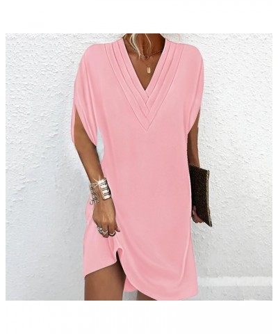 V-neck Bat Sleeve Dress Elegant Loose Fit Women V Neck Pleated Half Solid Color Soft Breathable Commute Above Knee Pink $10.4...