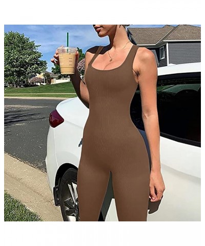 Womens Sexy Bodycon Sleeveless Jumpsuit Tank Tops High Waist Long Pants Yoga Ribbed Romper Clubwear Brown $12.32 Jumpsuits