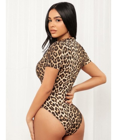 Women's Leopard Print Zip Up Short Sleeve Mock Neck Bodysuit Top Brown $10.00 Bodysuits