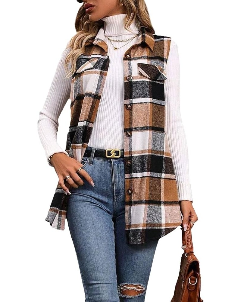 Plaid Vest For Women 2024 Spring Summer Lightweight Fully Lined Womens Long Fashion Casual Jacket With Pockets Khaki Brown $2...