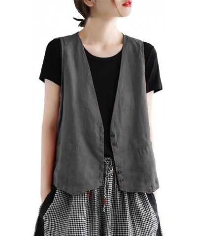 Womens Cotton Linen Vest Casual Loose V Neck Sleeveless Vests Jacket Blazer Waistcoat with Pockets 02 Gray $13.20 Vests