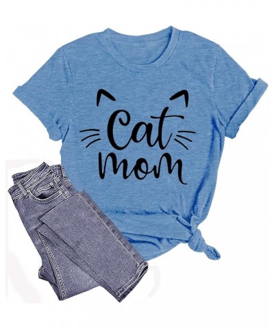 Cat Mom Shirts for Women Cat Mama T-Shirts Pet Lover Gifts Shirts Funny Cat Graphic Tees Shirts Blue2 $11.39 T-Shirts