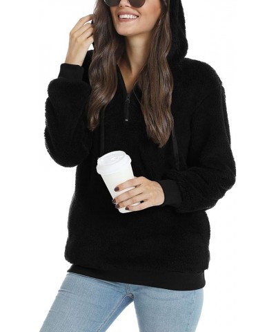 Womens Long Sleeve Fuzzy Hoodies Warm Fleece Pullover Sweaters Zipped Up with Pocket Black $21.44 Hoodies & Sweatshirts