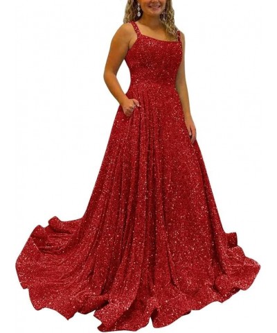 Sparkly Sequins A Line Prom Dresses Long Spaghetti Straps Party Dresses Backless Wide Hem Ball Gowns for Women Red $36.30 Dre...