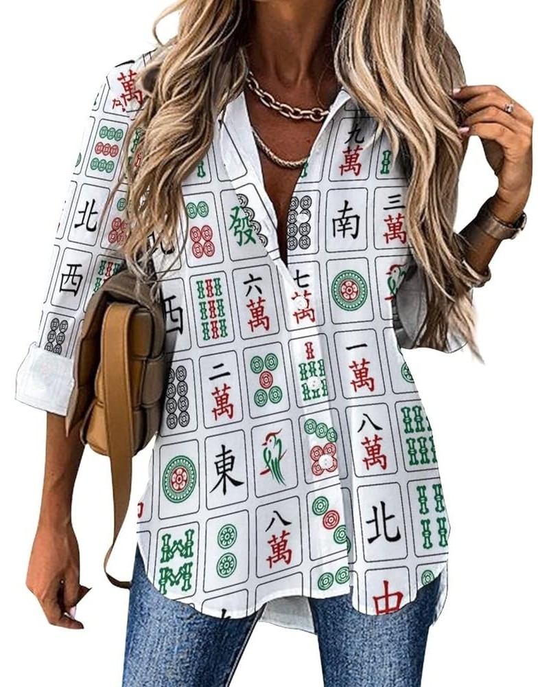 Chinese Mahjong Women's Shirt Long Sleeve Button Down Blouse V Neck Casual Shirts Tops 4X-Large Style $15.08 Blouses